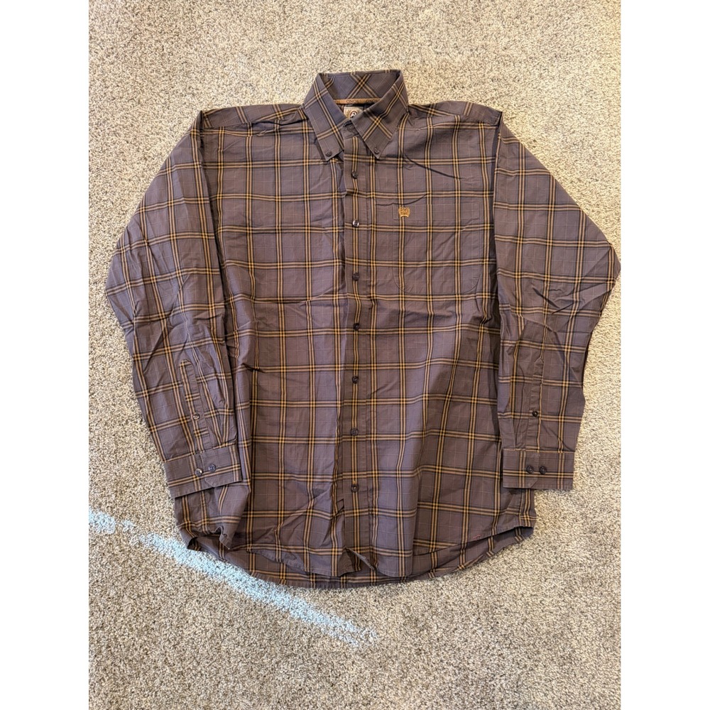 Cinch Button Down Shirt Mens M Brown Plaid Long Sleeve Western Cotton Logo
